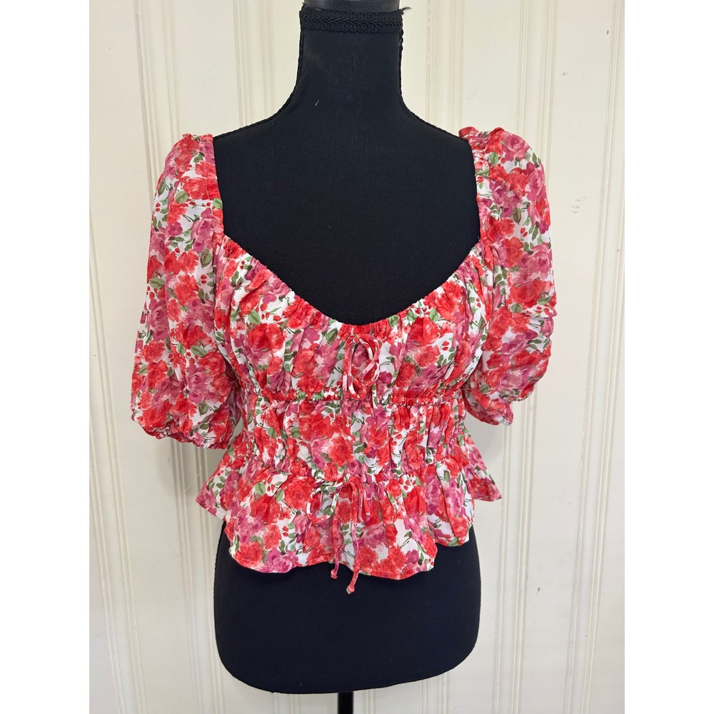 NWT WAYF Saks L Red Pink Romantic Floral Puff Sleeve Ruffle Coquette Girly Top